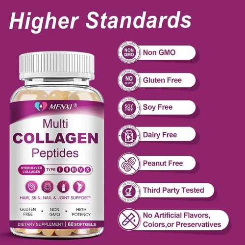 Miniatura 6 de Cápsulas Blandas de Péptidos de Colágeno Múltiple para Mujeres y Hombres - Tipo I, II, III, V, X - Péptidos de Colágeno Hidrolizados con Biotina