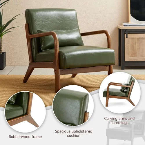 Miniatura 4 de Glitzhome Sillón Accent de mediados de siglo en verde cazador, sillón de lectura individual de cuero PU con marco de nogal y ruberwood Pu verde.