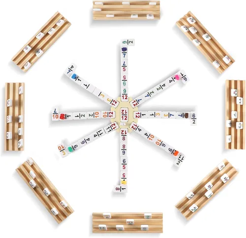 Miniatura 2 de Juego de dominó de tren mexicano con números y 8 bandejas/estantes de madera, juego de dominó doble 12 de viaje con 8 soportes para fichas, juego