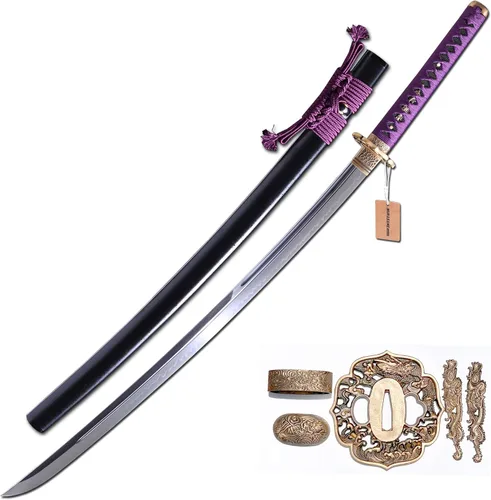 Miniatura 12 de MURASAME Katana Sword T10 - Maquinilla de afeitar de acero templado de 41 pulgadas, hoja afilada, espiga completa hecha a mano Dragón amarillo