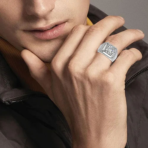 Miniatura 8 de Anillo de moissanita para hombre, de 2 a 5 quilates, solitario de moissanita, plata de ley con chapado en oro blanco de 18 quilates, color D