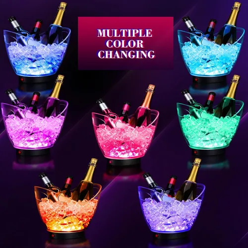 Miniatura 7 de Umigy Cubo de hielo de plástico transparente de 5L LED de 5 L, luz de gran capacidad, enfriador LED colorido RGB con luces para champán, vino