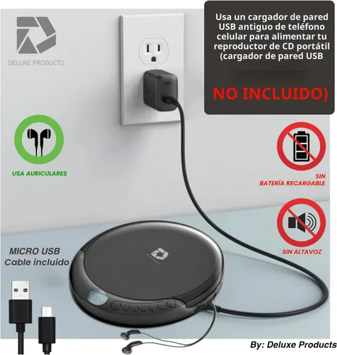 Miniatura 5 de Deluxe Products Reproductor de CD portátil con protección antideslizante de 60 segundos, auriculares estéreo, incluye cable de entrada auxiliar