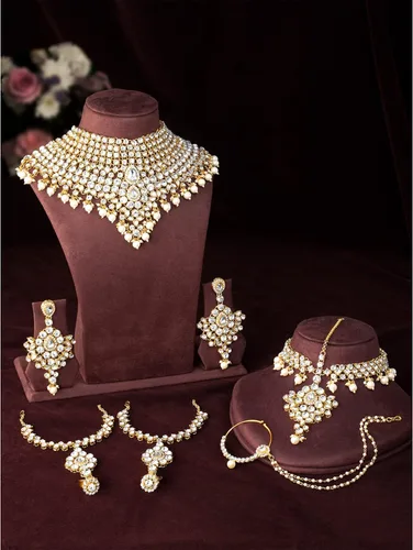 Miniatura 2 de Aheli Classic Bollywood Style Indian Bridal Choker Necklace Matha Patti Nose Ring Haath Phool Wedding Fashion Jewelry Set for Women (Blue)