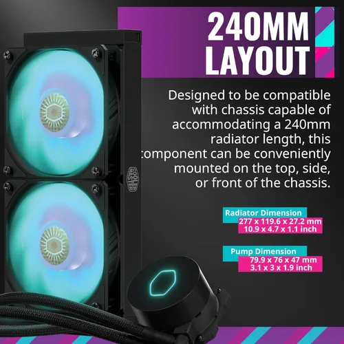 Miniatura 7 de CoolerMaster MasterLiquid ML240L RGB V2, enfriador líquido de CPU AIO de bucle cerrado, bomba de cámara dual de 3ª generación, radiador de 240mm