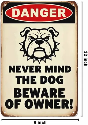 Miniatura 3 de AOYEGO Letrero de lata de advertencia de «Never Mind The Dog Beware of Owner Danger», póster de cómic con diseño de perro enojado, letreros de metal