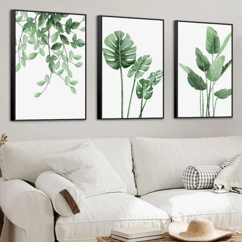 Miniatura 10 de MPLONG Póster de 3 piezas con diseño de plantas verdes, marco de lienzo adecuado para decoración de habitación, estética, sala de estar, dormitorio