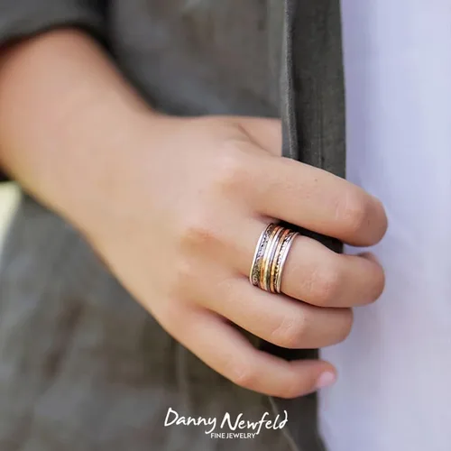 Miniatura 2 de Paz Creations - Anillos giratorios de plata de ley 925 para mujeres y hombres, anillo de meditación de banda gruesa con patrón martillado, joyería