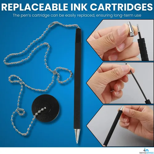 Miniatura 4 de 1InTheOffice Bolígrafo con cadena, bolígrafo de seguridad para mostrador, almohadilla redonda adhesiva, negro, paquete de 6