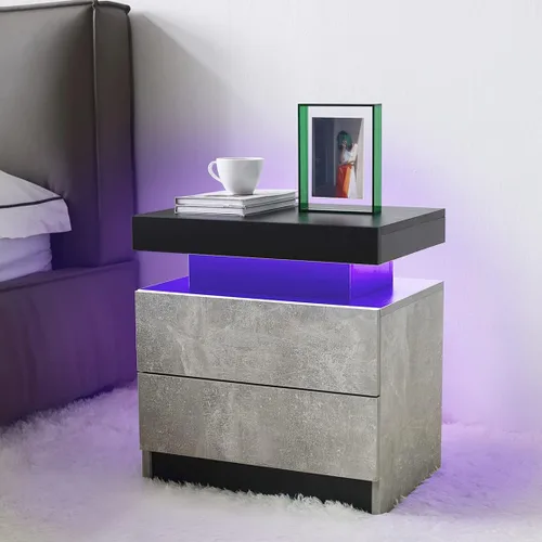 Miniatura 10 de Mesita de noche LED para dormitorio, moderna madera con 2 cajones, mesita de noche negra y dorada, mesa auxiliar con luz LED ajustable