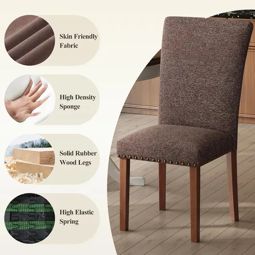 Miniatura 5 de COLAMY Parsons Juego de 4 sillas de comedor tapizadas de tela, sillas auxiliares de cocina con tapicería con clavos y patas de madera, marrón F