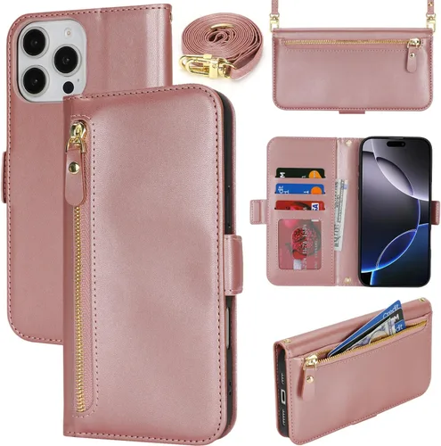 Miniatura 39 de Lipvina Funda tipo cartera para iPhone 12 Pro Max / 13 Pro Max para mujeres, bolsillo con cremallera, funda de teléfono de cuero PU con soporte