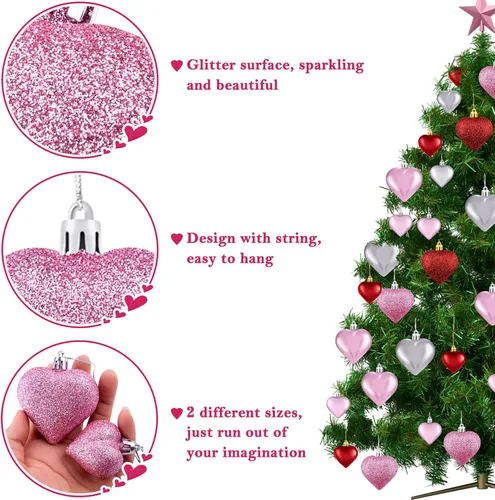 Miniatura 4 de Duufin 54 adornos de corazón para el día de San Valentín, adornos con forma de corazón, adornos colgantes con purpurina para San Valentín, árbol