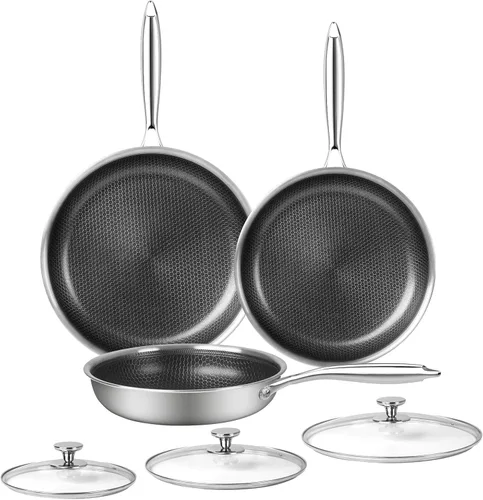 Miniatura 11 de Innerwell Juego de Sartenes de Acero Inoxidable con Tapa de 10" y 12" Revestimientos Antiadherentes de Panal Juego de Sartenes 2 piezas con Mango