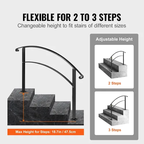 Miniatura 4 de Happybuy Pasamanos para escalones al aire libre, barandilla de escalera para exteriores de 1 o 3 escalones, pasamanos de hierro forjado negro