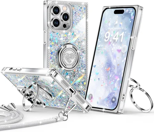 Miniatura 28 de XYZ Funda para iPhone 13, con purpurina brillante con soporte de corazón de 2 anillos y cordón, funda protectora a prueba de golpes con diamantes