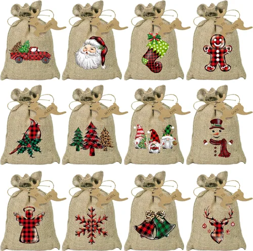 BORAMDO Bolsas de Envolver Regalos de Arpillera de Navidad con Cordones 24 Piezas, Bolsas de Dulces de Lino a Cuadros Buffalo de Navidad para