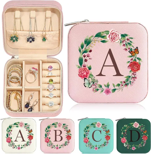 Parima Joyero de viaje Organizador de joyas con iniciales pequeñas Joyero de viaje rosa para mujeres y niñas Organizador de aretes Idea de