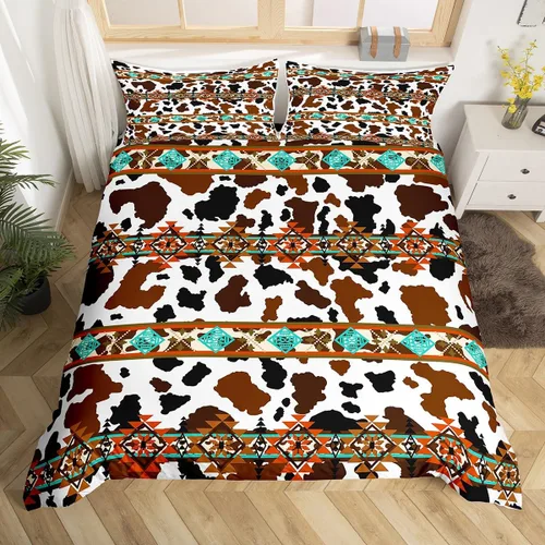 Miniatura 38 de Erosebridal Funda de edredón de piel de vaca marrón con estampado de vaca de las tierras altas, juego de ropa de cama occidental exótico azteca
