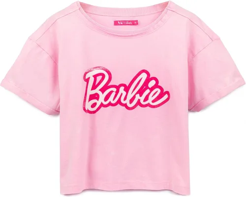 Barbie Camiseta corta para mujer, con logotipo de muñeca de moda, color rosa