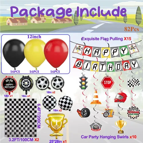 Miniatura 2 de Decoración de fiesta de cumpleaños de coche de carreras, globos de automóvil de carreras con flecos de aluminio a cuadros, telón de fondo