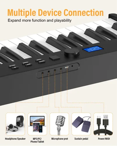 Miniatura 4 de KONIX Teclado de piano plegable, 88 teclas, teclado plegable semipesado, piano eléctrico portátil con llave de luz, pedal de sostenimiento, Negro