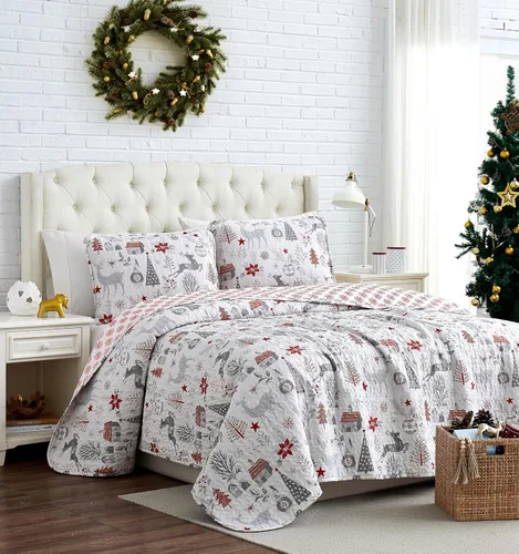 Miniatura 14 de Southshore Fine Living Edredón de Navidad Twin XL Juego de Ropa de Cama, Colcha de Navidad Reversible Estilo Farmhouse, Sobrecama Twin XL - Cuadros