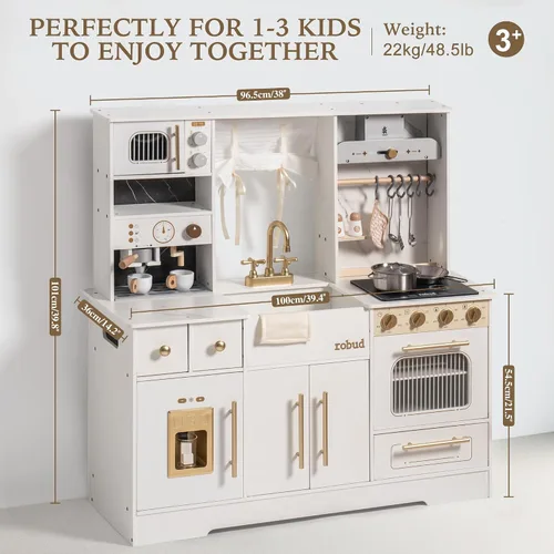 Miniatura 3 de ROBUD Juego de cocina de madera para niños, cocina de juguete de simulación con máquina de hielo, máquina de café, horno, microondas, gabinete