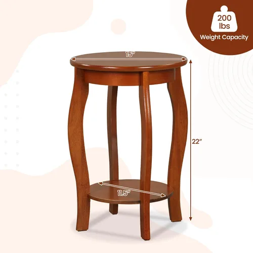 Miniatura 3 de Giantex Mesa auxiliar redonda, mesa auxiliar de madera con estante de almacenamiento, mesita de noche pequeña con patas de madera maciza, mesa Nogal