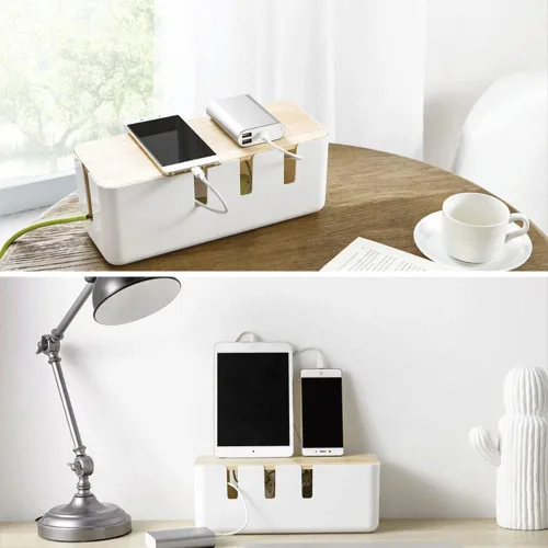 Miniatura 6 de Caja de organización de cables, 12 x 5 x 4.5 pulgadas, tapa de madera, organizador de cables para escritorio, TV, computadora, sistema