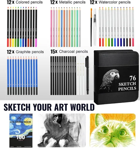 Miniatura 2 de COOL BANK Juego de 76 piezas de suministros de arte para dibujar con 100 hojas de cuaderno de bocetos de 3 colores, incluye lápices de dibujo