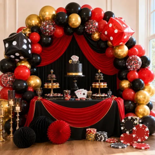 Miniatura 6 de Globos de Casino, Globos Metálicos Negros Rojos Dorados de 12 Pulgadas con Confeti y Dados de Lámina para Decoración de Fiesta Temática de Juego