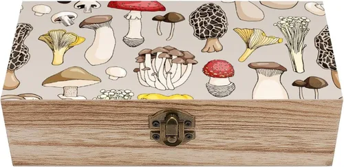 Caja de madera de varios hongos con tapa con bisagras, caja de recuerdo, caja de contenedor pequeño, regalo para almacenamiento de joyas en el hogar