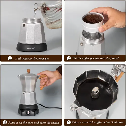 Miniatura 5 de LAOION Cafeteras Eléctricas Modernas, Cafetera de Espresso Portátil de 6 Tazas, Cafetera Moka de 300ml con Base Desmontable y Protección contra