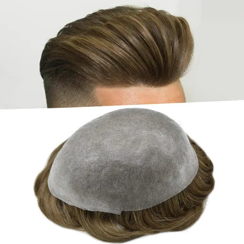 Miniatura 20 de Tupé de piel ultra fina para hombres pieza de cabello humano real sistema de reemplazo 0.002 in Mens Toupee Hairpiece para hombres V-Loop 8x10 80%