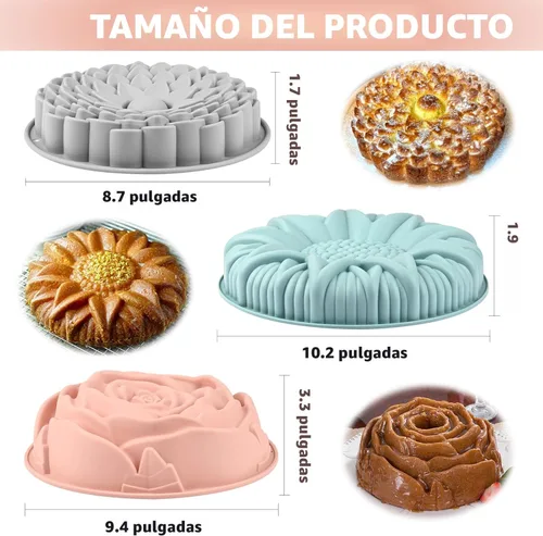 Miniatura 3 de Sakolla Juego de 3 moldes de silicona para pastel con forma de flor, moldes grandes redondos de silicona para hornear pasteles, panes, tartas
