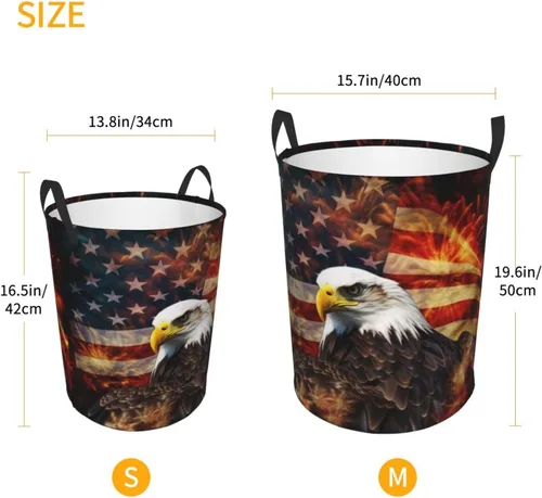 Miniatura 5 de American Flag Fire Eagle print Circular Hamper Waterproof Storage Bin Organizer Basket Laundry Hamper With Handles For Clothes Toys Small