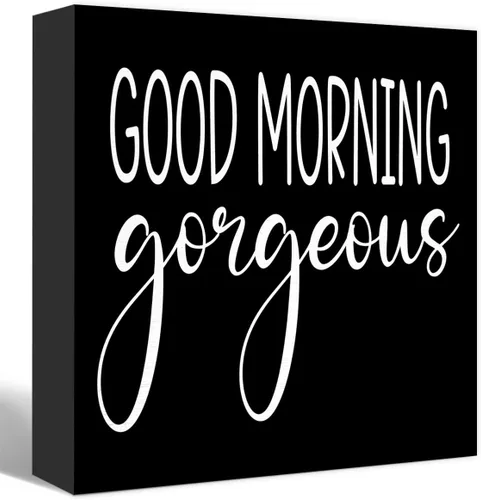 Divertido letrero de madera negra para baño, con texto en inglés "Good Morning Gorgeous Wood Block" para baño, estante de baño, baño, hogar, mesa,