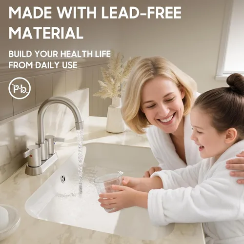 Miniatura 3 de Phiestina Grifo de Lavabo de Baño de Níquel Cepillado de 4 Pulgadas con 2 Manijas Centerset Sin Plomo, con Desagüe Emergente de Cobre y Líneas