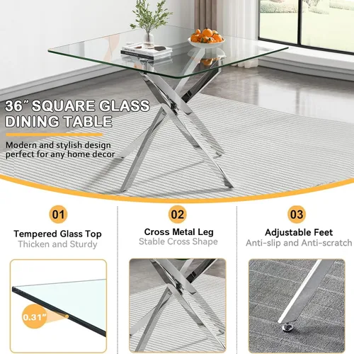 Miniatura 4 de Juego de 4 mesas de comedor de cristal para 4, juego de 4 mesas y sillas de cocina modernas, juego de mesa de comedor de cocina de 5 piezas con mesa