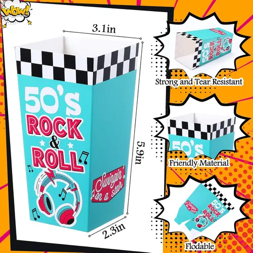 Miniatura 3 de Watersay Paquete de 24 cajas de palomitas de maíz Rock and Roll de los años 50, decoraciones de fiesta de los años 50, caja de aperitivos retro