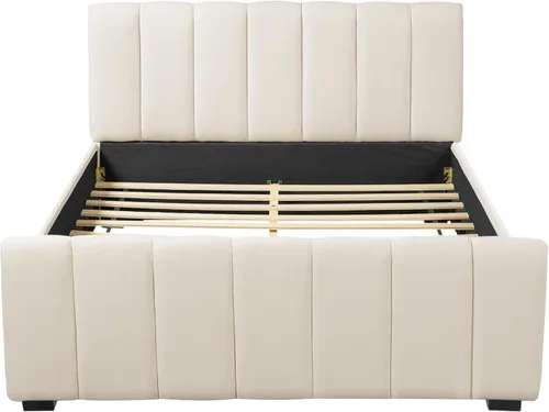 Miniatura 6 de Merax Cama de plataforma tapizada tamaño Queen con cabecero y estribo gruesos, marco de cama de tela de lino estilo bloque con patas de madera