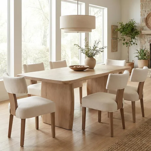 Miniatura 52 de HNY Juego de 6 sillas de comedor de ratán de estilo de mediados de siglo, silla de acento tapizada en lino de estilo granja con respaldo curvo