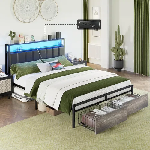 Miniatura 9 de AMERLIFE Marco de cama LED con 2 cajones y cabecero de 2 niveles