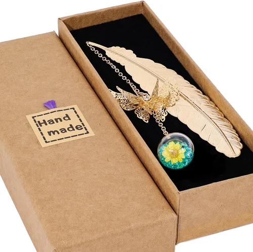 Miniatura 9 de Toirxarn Marcapáginas de Pluma Dorada para Mujeres con Colgante de Mariposa y Caja de Regalo – Ideal para Amantes de los Libros, Bibliotecarios