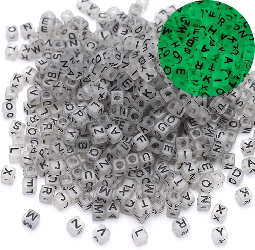 1000 piezas de cuentas cuadradas luminosas con letras, cuentas de cubo que brillan en la oscuridad, cuentas de letras luminosas acrílicas, cuentas