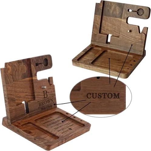 Miniatura 2 de awofer Estación de acoplamiento de madera, organizador de mesita de noche grabada personalizada, mesita de noche con soporte para teléfono, soporte
