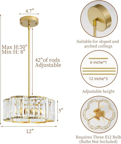 Miniatura 4 de Candelabro pequeño de cristal dorado, lámpara moderna de 3 luces para comedor sobre la mesa, accesorio de iluminación redondo para pasillo