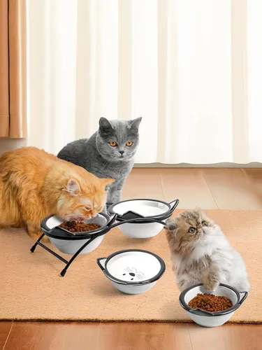 Miniatura 6 de Y YHY Cuencos de comida para gatos, cuencos elevados de 12 onzas para comida y agua, platos elevados de cerámica para mascotas con soporte, gatos