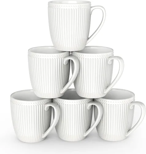 Juego de Tazas de Café de 6, Tazas de Café Blancas de 16 Oz, Tazas de Porcelana, Grandes y Fáciles de Agarrar, Juego de Tazas en Relieve para Café,